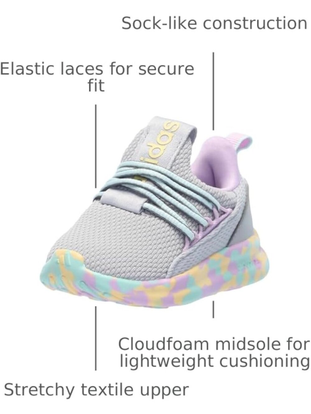 Girls Size 7.0 Adidas Toddler Lite Racer Adapt 7.0 Lace Up Sneakers Shoes - Picture 2 of 10